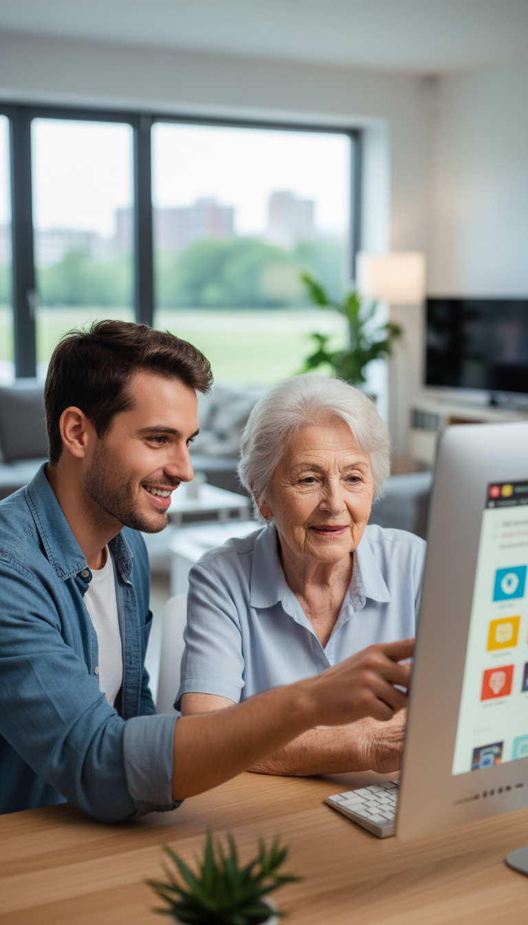 young man helping elderly woman with a computer, friendly, supportive, modern setting, high quality, portrait orientation