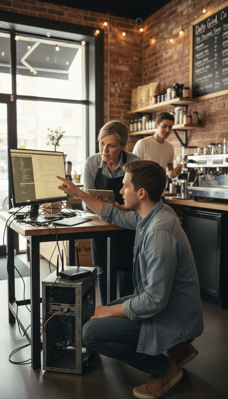young man helping a small business with IT