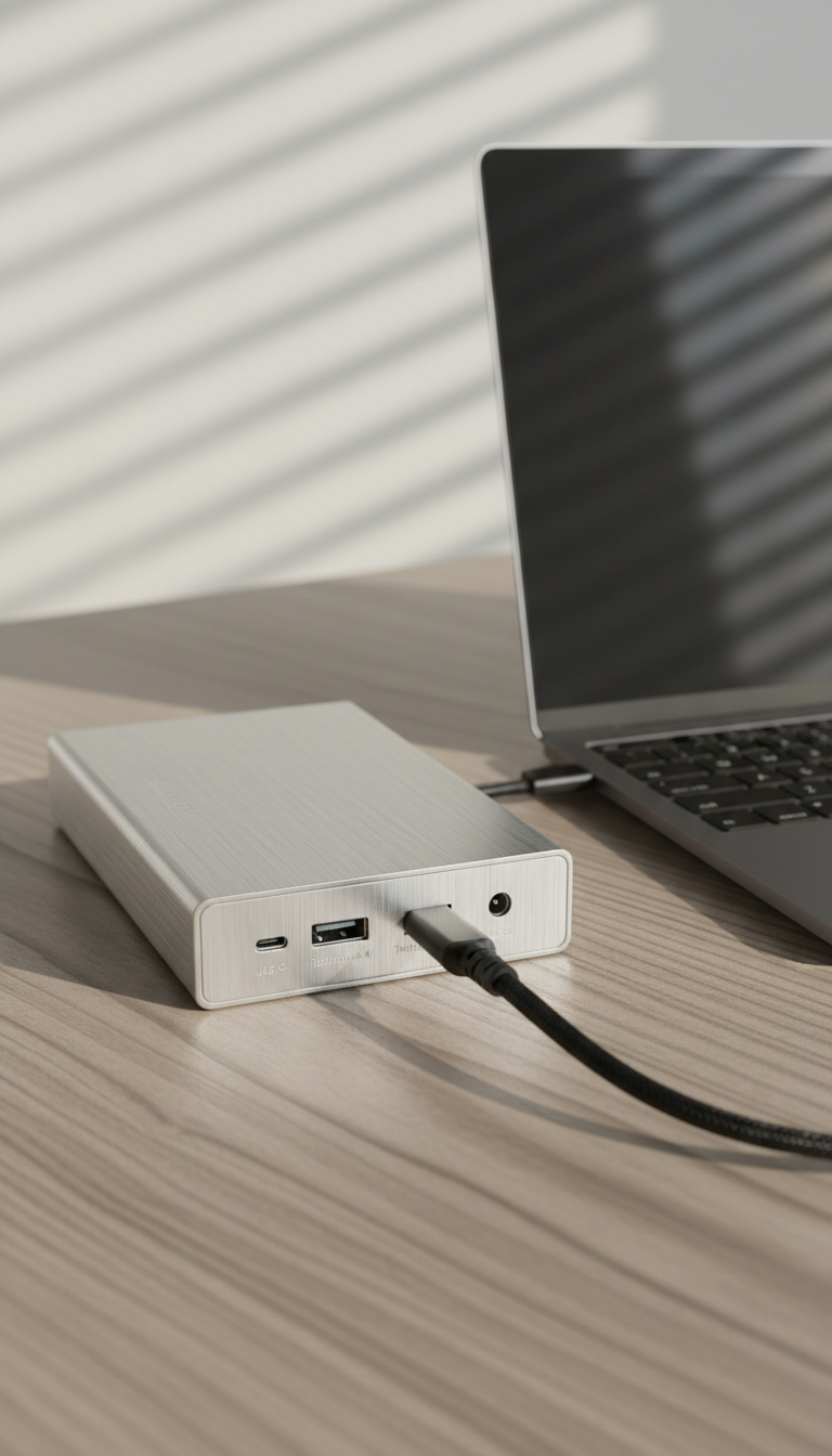 A detailed close-up of a professional-grade external hard drive with a brushed metal exterior and clearly labeled ports, plugged into a modern laptop with a minimalist design. Both devices rest on a neutral wooden desk with a natural grain, free of clutter. The backdrop blurs slightly to reveal gentle geometric shadow patterns from window blinds, thanks to soft, late afternoon light. The composition is photographed at a slight angle to highlight the device connection, using a shallow depth of field that keeps the hardware in sharp focus. The atmosphere is focused and secure, emphasizing photographic realism and a structured, corporate style suitable for small business IT solutions.