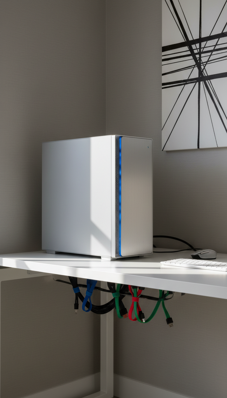 A sleek, modern desktop computer tower with a brushed aluminum finish and subtle LED accents, placed on an immaculate white desk featuring organized, color-coded cable management. The setting is a minimalist office corner with clean lines, neutral gray and beige tones, and a faintly textured wall in the background. Soft, diffused natural light enters from an unseen window, illuminating the desk surface and casting gentle, crisp-edged shadows for a professional, composed feel. Captured from an eye-level perspective with sharp focus throughout, the composition uses strong horizontal and vertical lines for a sense of order. The mood is efficient and calm, epitomizing photographic realism and a clean, modern corporate aesthetic, supporting the core message of reliable IT service.