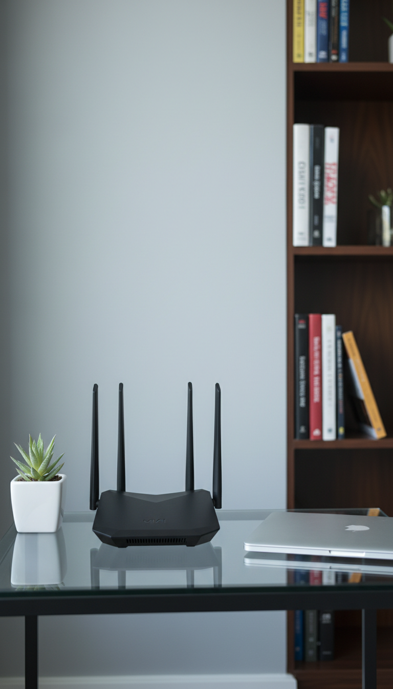 A high-resolution image of a matte black Wi-Fi router with sleek, angular antennas, sitting on a tidy, glass-topped side table beside a minimalist plant pot and a closed laptop. The background features soft gray walls and the hint of a bookshelf, conveying an organized home office environment. Cool midday natural light filters softly in from off-frame, creating crisp highlights on the router’s edges and subtle reflections on the glass. The composition is balanced with the router centered, applying rule of thirds subtly. The mood is calm, inviting, and professional. The style is clean, structured, and photo-realistic, embodying dependable connectivity for household IT support.
