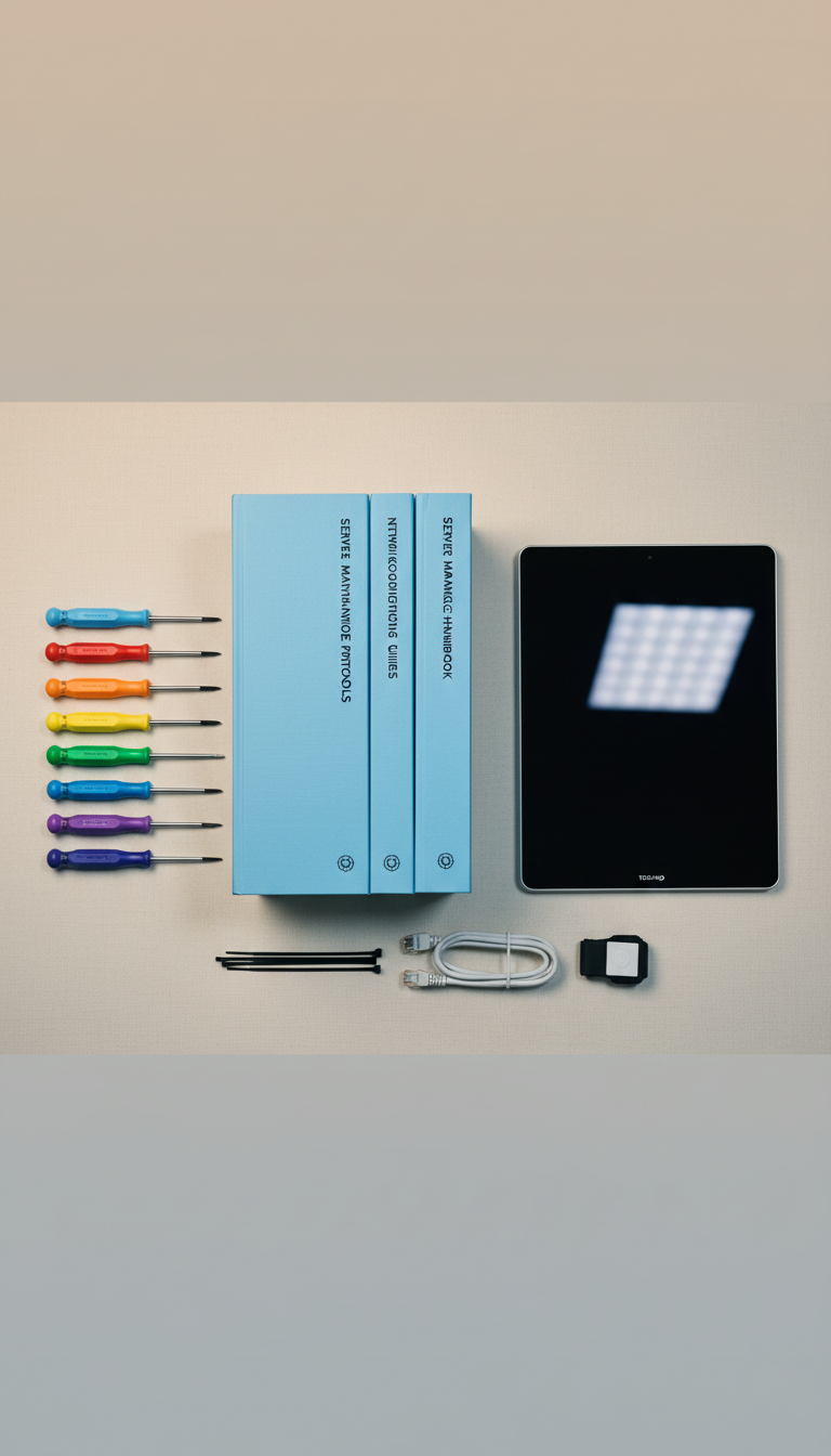 A pristine, flat-lay arrangement of neatly stacked technical manuals, an assortment of precision screwdrivers with colored handles, and a glossy, closed tablet device, all placed on a neutral, softly textured desk surface. The background is a subtle gradient from light beige to soft gray, enhancing the sense of organized space. Cool, balanced artificial lighting shines from above, eliminating harsh shadows and creating tiny reflections on the tools. The composition is symmetrical and structured, with all objects lined up parallel, promoting a sense of order and professionalism. The overall mood is composed and attentive, with a clean, photographic aesthetic fitting an IT support site.
