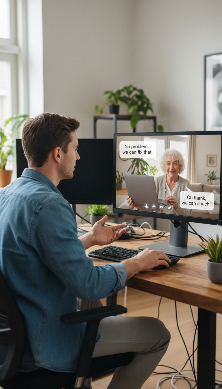 A realistic photo of a white male IT technician assisting an older person remotely over a video call in a home office setting. The image should look natural and not artificial or digital-art style.