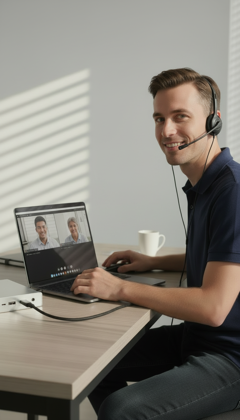 Replace the current image with a photo of a white man wearing a headset, in a friendly technical support scenario.